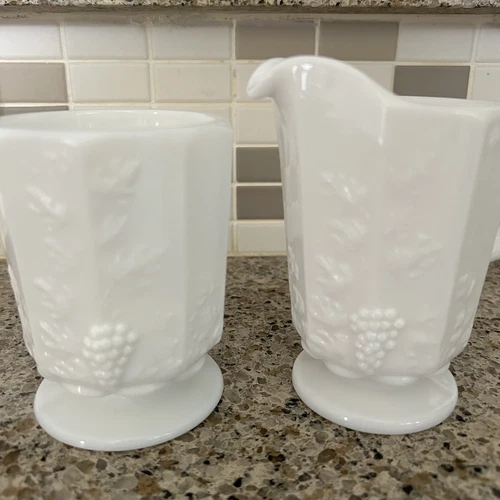 Westmoreland White Milk Glass Paneled Grape Creamer & Open Sugar Bowl Set Vtg