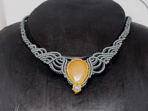 Choker, Grey Macrame Choker with Orange Agate - Picture 2 of 5
