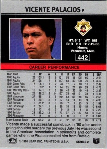 1991 Leaf - Vincente Palacios #442 - Picture 2 of 2