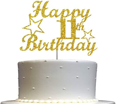 11th Birthday Cake Topper Gold Glitter, 11th Party Decoration Ideas - Main Image