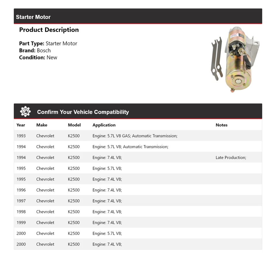 For 1993-2000 Chevrolet K2500 Bosch Starter (New) 1994 1995 1996 1997 1998 1999 - Image 2 of 4