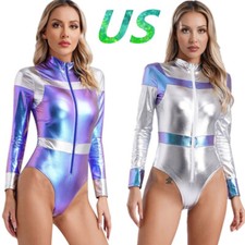 Women's Astronaut Cosplay Costumes Shiny Bodysuit One Piece Leotard Halloween