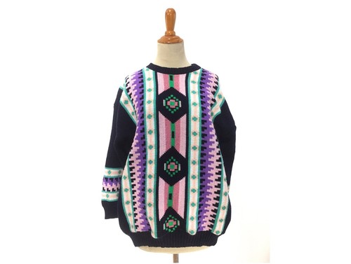 Size L Large Womens Vintage 1980s Sweater Ugly Geometric Pink Purple costume 80s