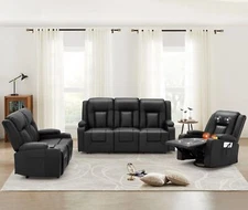 3 PCS Leather Recliner Sofa Set with Swivel Massage Chair Home Theater Seat