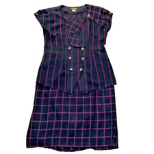 Meeijin VTG Double Breasted Plaid Striped Gold Buttons Suit SzM Academia Preppy