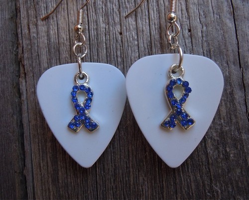 Blue Ribbon Rhinestone Charm Guitar Pick Earrings with Surgical Steel Earwires - Picture 8 of 14