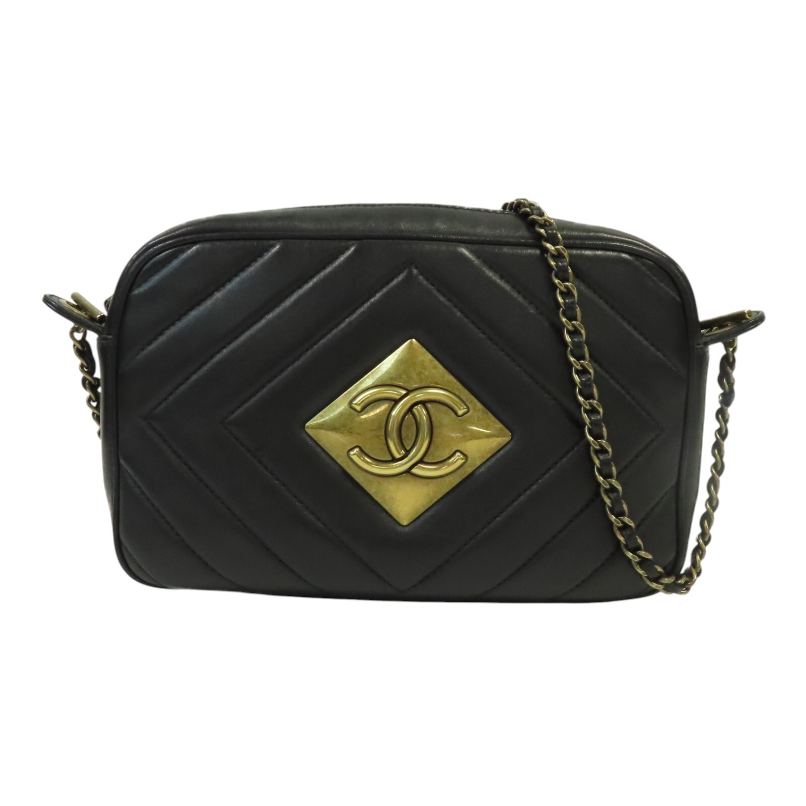 CHANEL Chevron Lambskin Camera Bag Black No Card
