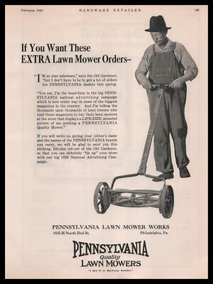 1928 Old Gardener Life-Size Store Display Pennsylvania Lawn Mower Works Print Ad