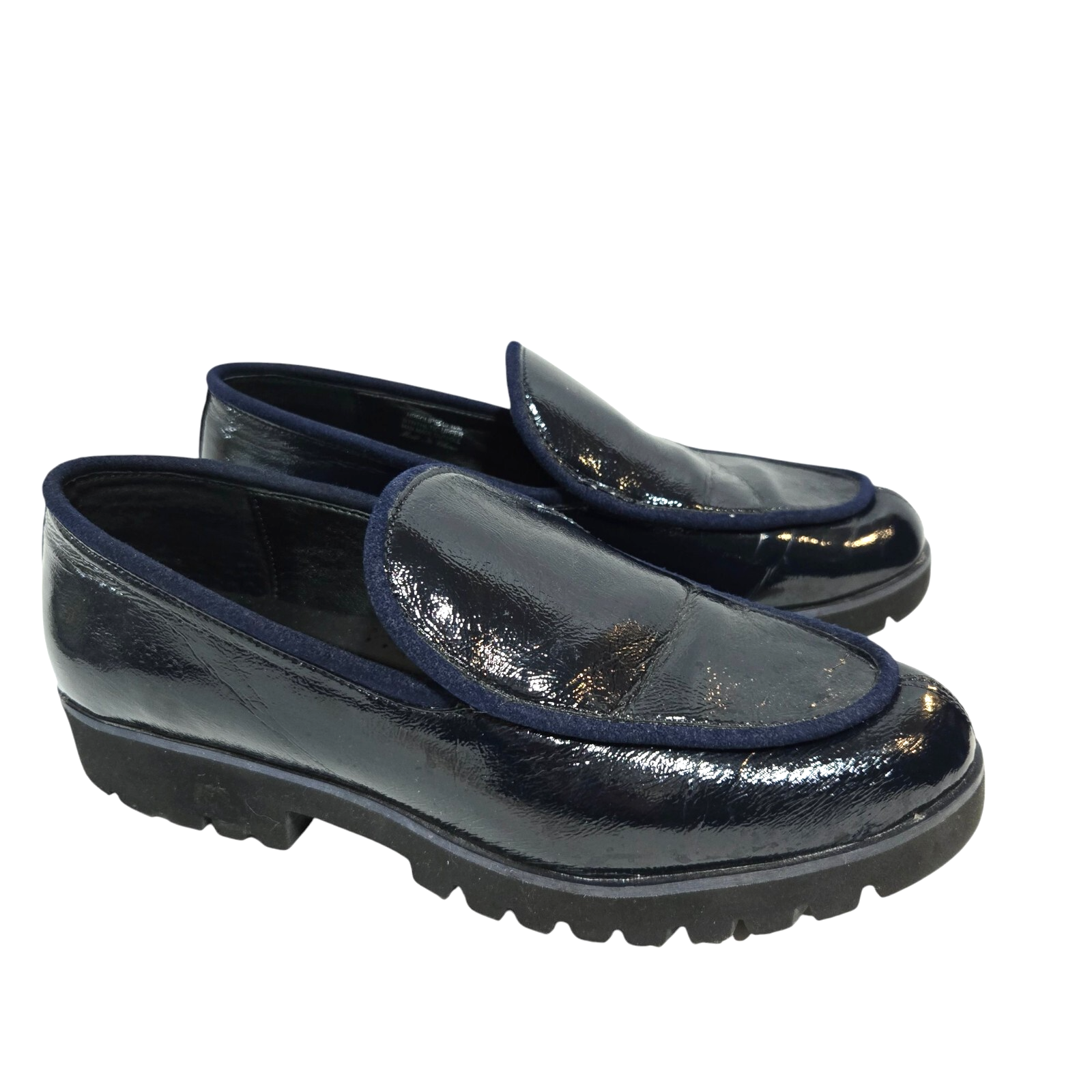 SAOLA Mocassini Donald J Pliner Eclipse da donna taglia 10M blu navy in pelle verniciata suola a strappo