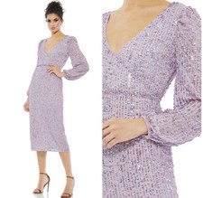 Mac Duggal Lavender Sequined Illusion Puff Sleeve Midi Dress 6 298 107641
