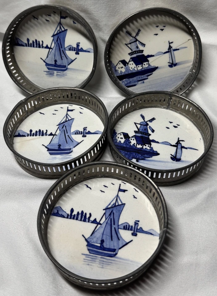 Juego de 5 Posavasos De Colección Alemania Delft Azul y Blanco - Velero Escenas de Molino de Viento Foto 3 de 4