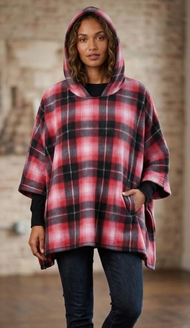 Polar Fleece Cozy Chic Plaid Unisex Hooded Cape Poncho Insulated Oversized Pink
