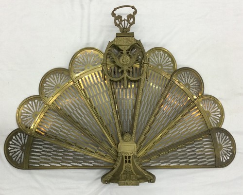 Vintage Brass Folding Peacock Fireplace Screen Fan, Preowned
