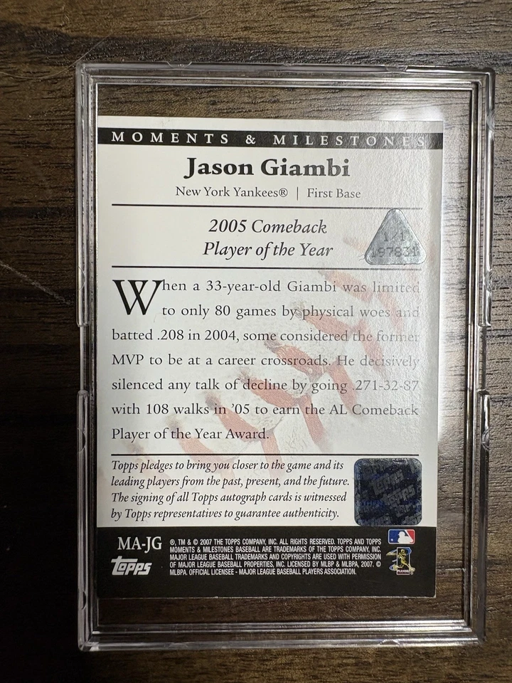 Jason Giambi 2007 Topps Momentos e Hitos PLACA DE IMPRESIÓN AMARILLA AUTOMÁTICA 1/1 Foto 2 de 2