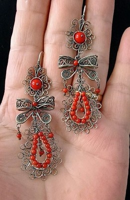 Taxco Oaxacan Filigree Bows Coral & 925 Sterling Frida Kahlo Wedding Earrings