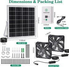 Solar Powered Exhaust Fan with Battery, 25W Solar Panel Dual 5.5 Inch Fans, 450