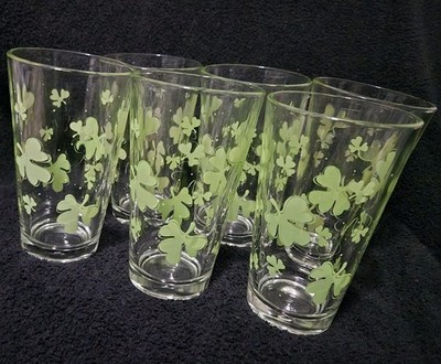 RARE Vintage Libbey S120 Green Shamrock Drinking Glasses Set of 6, 16 oz 6''