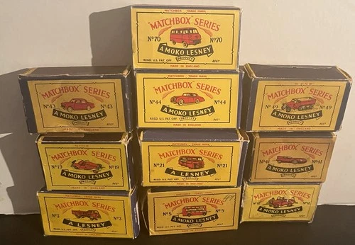 10 USED MOKO LESNEY MATCHBOX REGULAR WHEEL EMPTY BOX 3 5 12 19 21 41 43 44 49 70