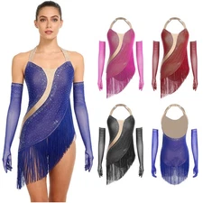 Womens Jumpsuit Gloves Bodysuit Cha-cha Leotard Lyrical Dancewear Holiday Hem