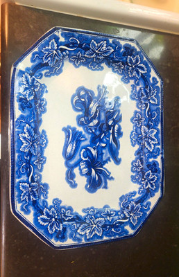 Blue & White Ceramic Octagonal Decorative Plate, Floral Flower Pattern