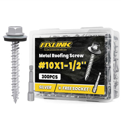 Metal Roofing Screws #10 X 1-1/2'', 300 PCS,  RUSPERT Hex Head Rubber Washer Shee