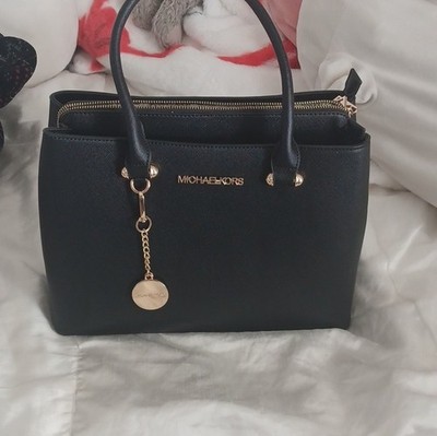 Michael Kors Black Saffiano Satchel Bag with Gold Hardware & Bag Charm