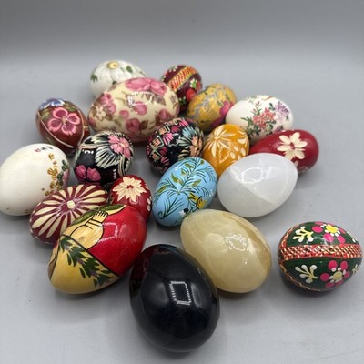 Group Of 19 Vintage Hand Painted Eggs- Some Wooden, Some Stone Eggs