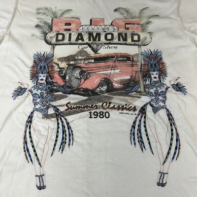 Akoo T-Shirt Top Womens Sz Med Cream Graphic Cars Summer 1980 Embroidered Dancer