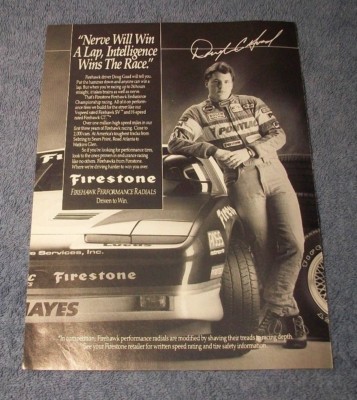 1988 Firestone Firehawk Performance Radials Vintage Ad with Driver Doug Goad