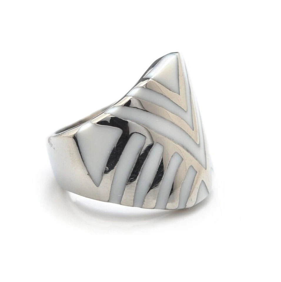 Anillo a rayas banda de cigarros esmaltada blanca de acero inoxidable 316L Foto 2 de 2