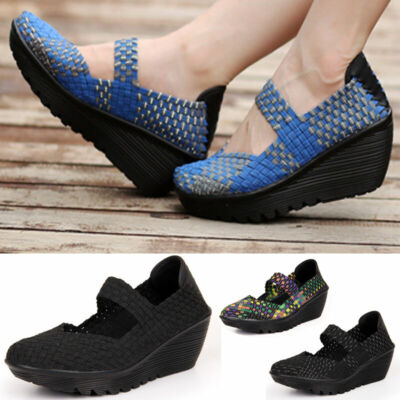 Mode Damen Plateau Sneakers Sport Kariert Keilabsatz Mary Jane Fitness Schuhe 