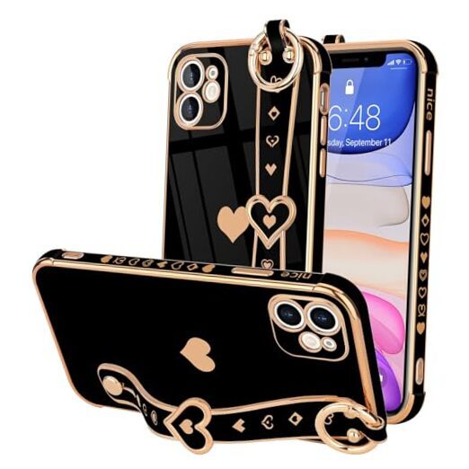 for Case Cute Love-Heart Plating Strap Phone Cover for Women iPhone 11 Black