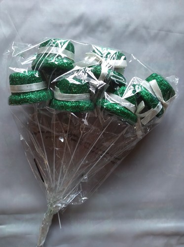 St. Patrick's Day Set of 6 Green Glitter Hats with Bows 8" Floral Picks