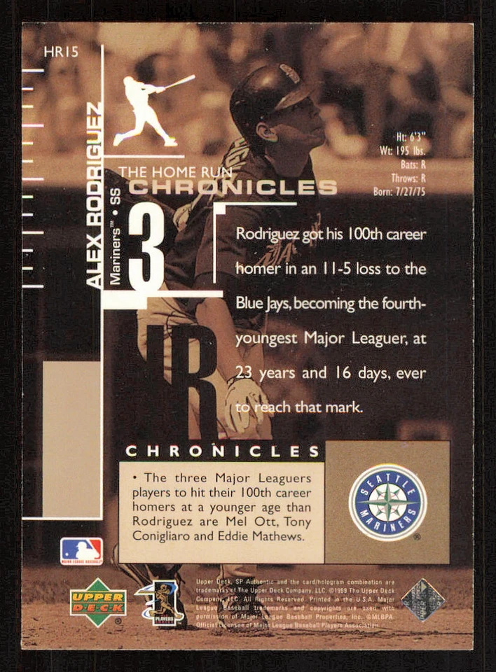 1999 SP Authentic Home Run Chronicles #HR15 Alex Rodriguez - Image 2 of 2