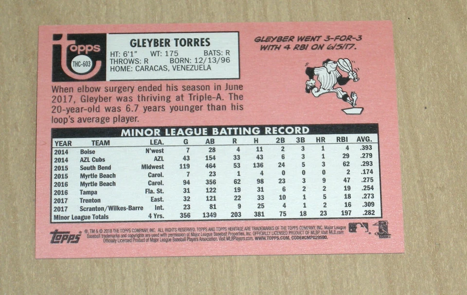 2018 Topps Heritage High Number PURPLE chrome Gleyber Torres rookie card THC-603 - Image 2 of 2