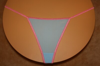 Salmon Orange G-String w Shiny Bands & Blue Sheer Mesh All Over - Size 6