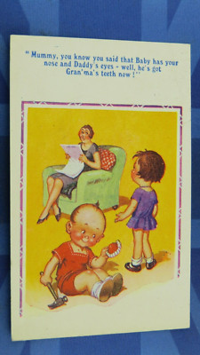 Donald McGill Comic Postkarte 1946 Zahnarzt Kieferorthopäde falsche Zähne BABYS LOOKS