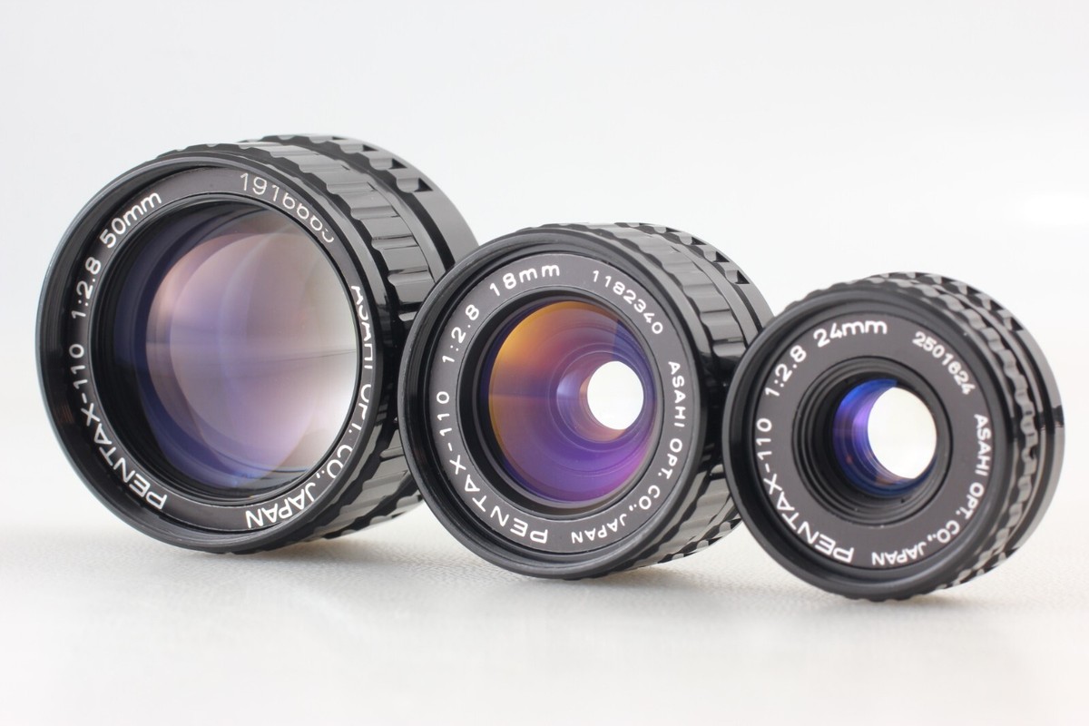 PENTAX-110 レンズ3種 18mm 24mm 50mm F2.8 3Lens Set【MINT+ in Box】 Pentax Auto 110 Film Camera w