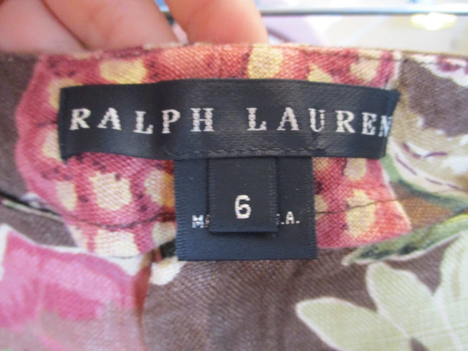 Pantalones Ralph Lauren Mujer Talla 6 100% Lino Floral Marrón Hecho en EE. UU. Foto 4 de 4