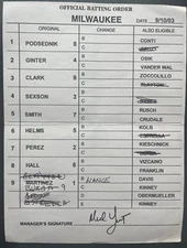 2003 (9/10/03) MILWAUKEE BREWERS BASEBALL GAME USED LINEUP CARD SIGNED NED YOST