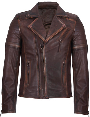 Herren Braune Slim Fit Brando Stil Doppel Kreuz Zip 100% Leder Bikerjacke