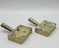 Pair Cloisonne Silent Butler Crumb Catcher Enamel & Brass 