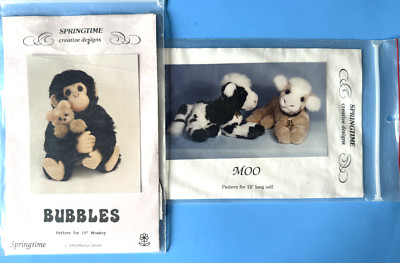 2 Springtime Patterns BUBBLES 10'' MONKEY, and  MOO 12'' long CALF, cut complete