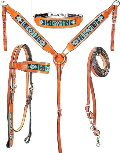 4PC Western Beaded Leather Tack Set | Hand Carved Headstall Breast Collar Reins - Picture 2 of 6