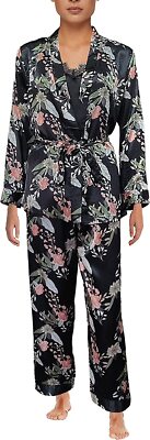 Damen Pyjama Sets Seidensatin Nachtwäsche Morgenmantel Cami Spitze Blumen Nachtwäsche