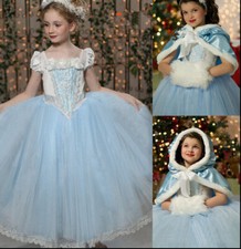 Costume Party Kid Princess Dress w/ Cape Cinderella Elsa Halloween