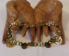 Goldtone And Green Beaded Cat Charm Bracelet