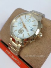 NEW Tory Burch Yellow Gold Collins Cream Dial Chronograph Watch TBW1250 Logo NIB