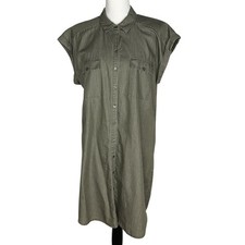 Express Womens L Green Short Sleeve Collared Button Up Tunic Shirt Dress Pockets