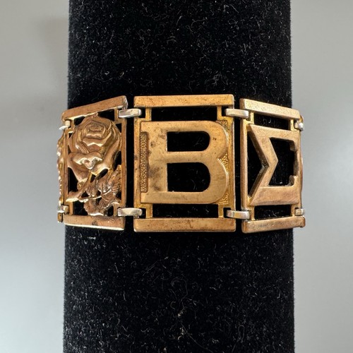 Vintage Beta Sigma Phi Sorority Bracelet Rose Torch Panels Gold-tone Silver - Picture 8 of 12